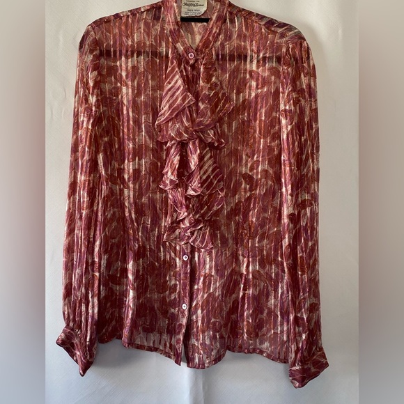 Vintage Saks Fifth Avenue 100% silk ruffle front long sleeve button up blouse S - Picture 4 of 14